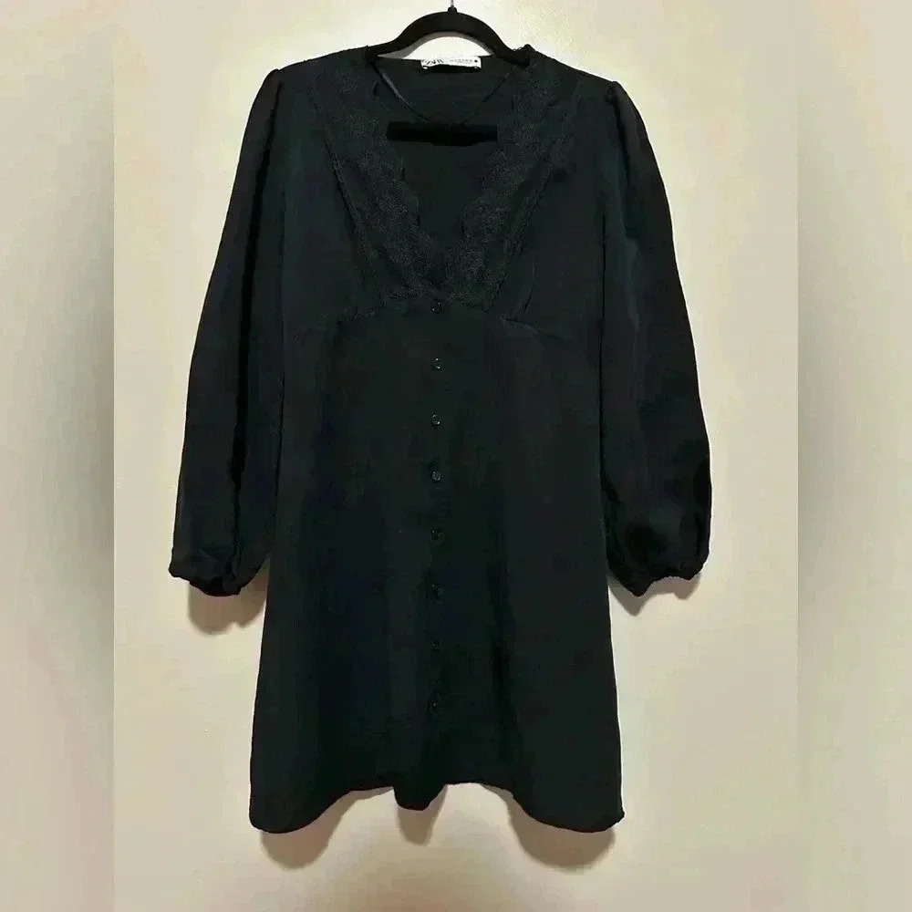 Zara Black Combination Lace Mini Dress - Size M - Picture 2 of 6